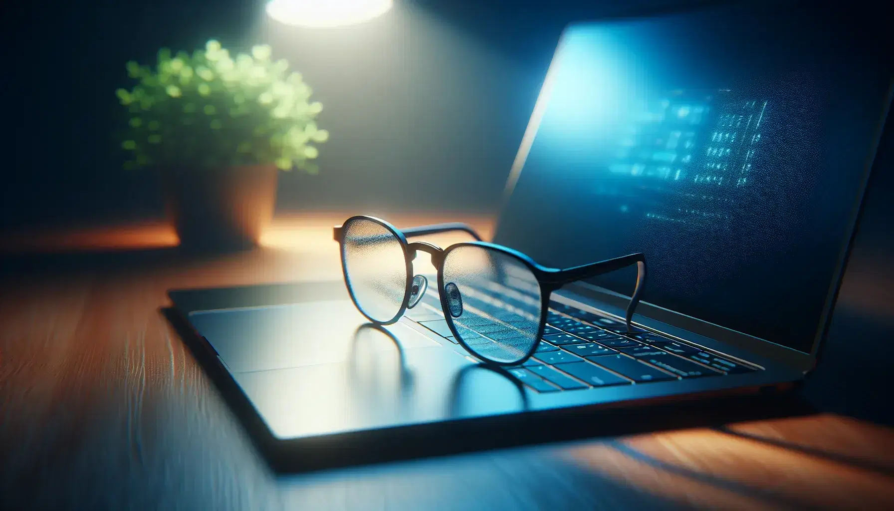 Modern black frame glasses on keyboard of turned on laptop with blue screen, blurry green plant and wooden desk.