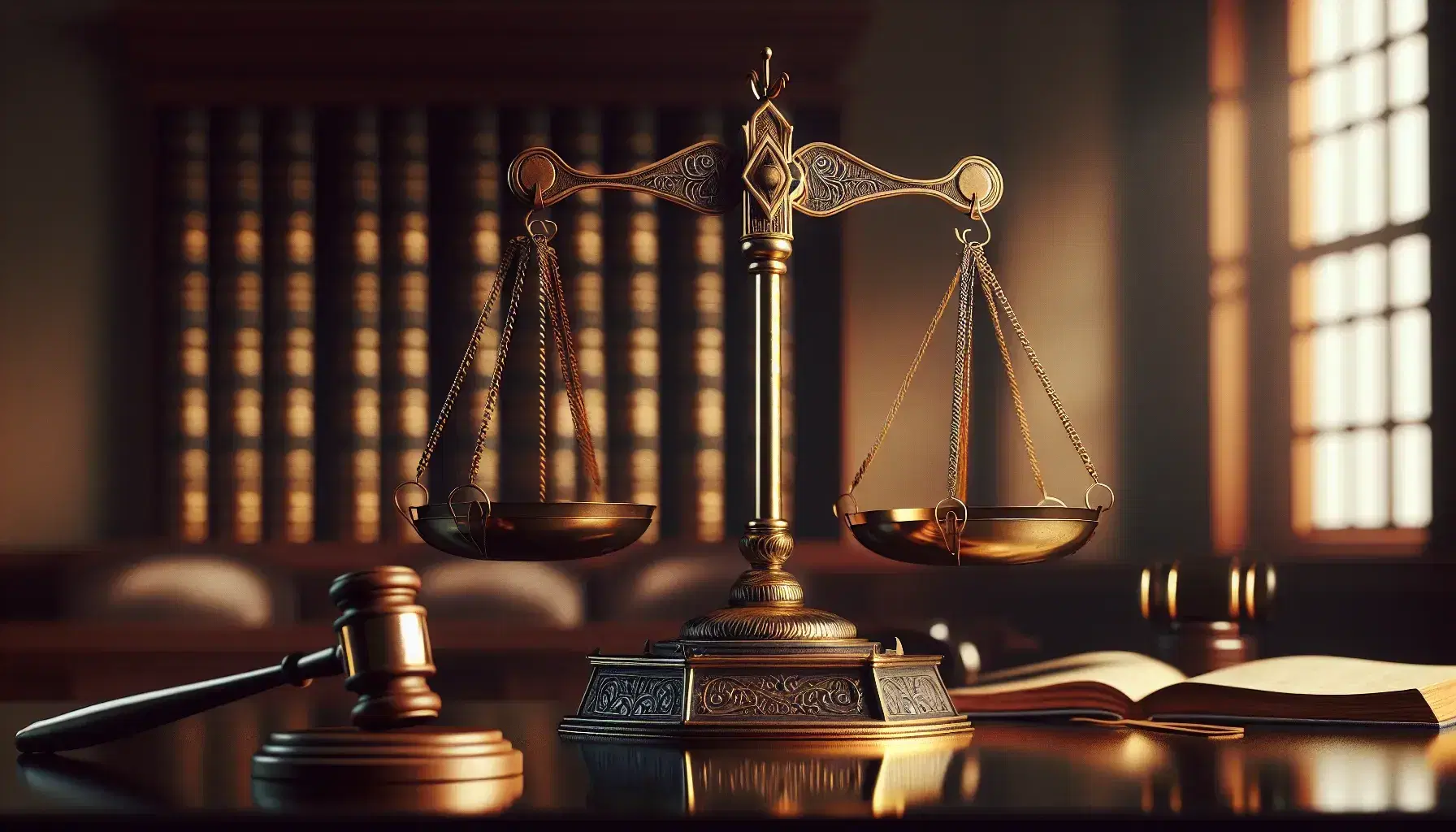 Bilancia antica in equilibrio con piatti dorati e incisioni, martello da giudice e libro legato in pelle su piano in legno, in ambiente da tribunale.