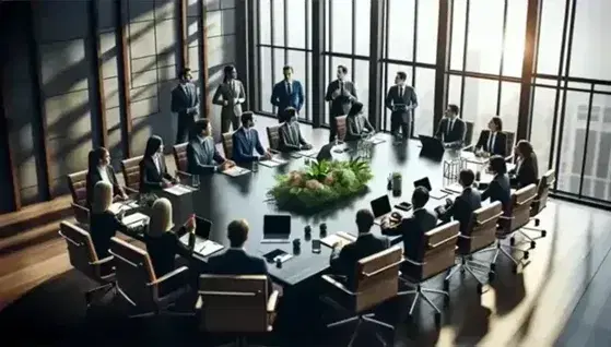 Grupo diverso de profesionales en reunión de trabajo en una sala de juntas iluminada con luz natural, con laptops, tablets y material de oficina sobre la mesa.