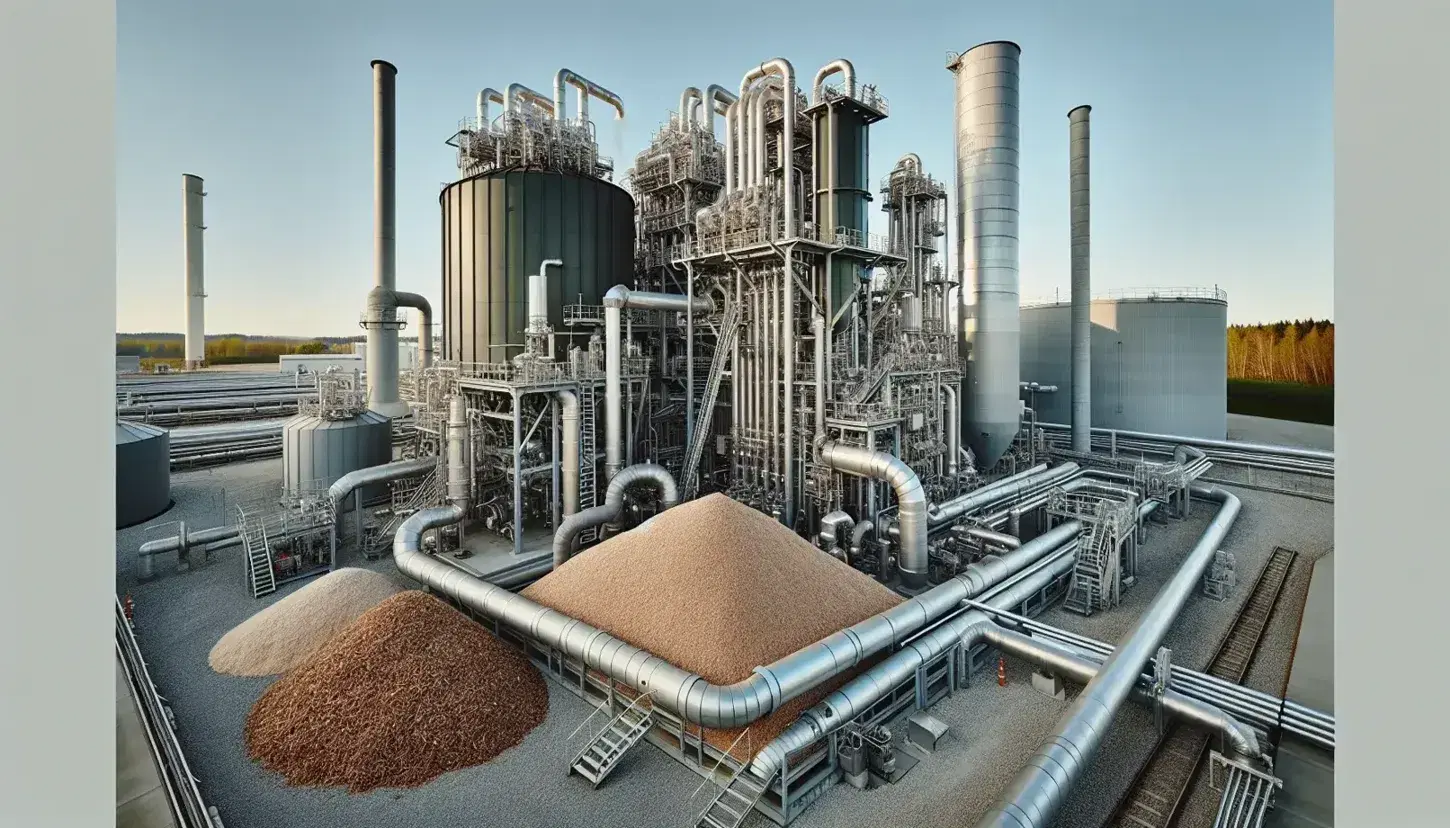 Planta de energía de biomasa en funcionamiento con pila de material orgánico, caldera verde y tanques de almacenamiento bajo cielo azul.
