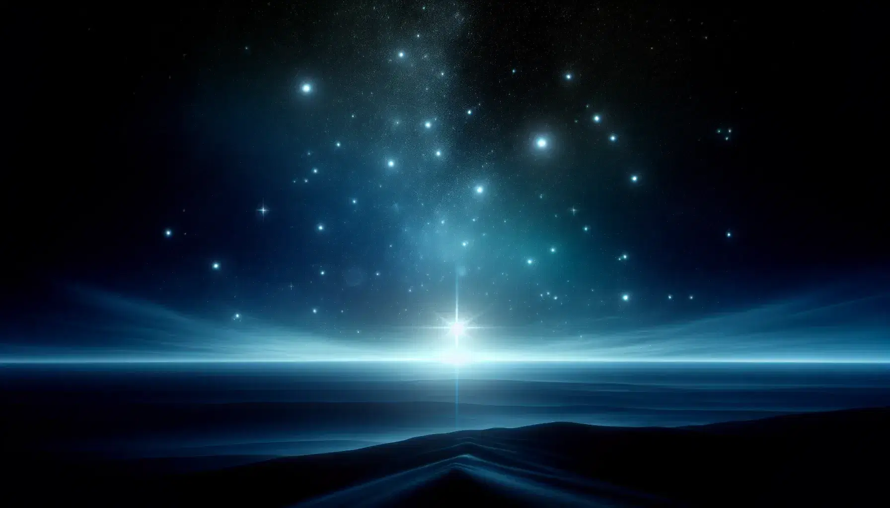 Cielo stellato sereno con gradiente di blu che sfuma nel nero dello spazio e luminoso astro centrale sopra orizzonte collinare.