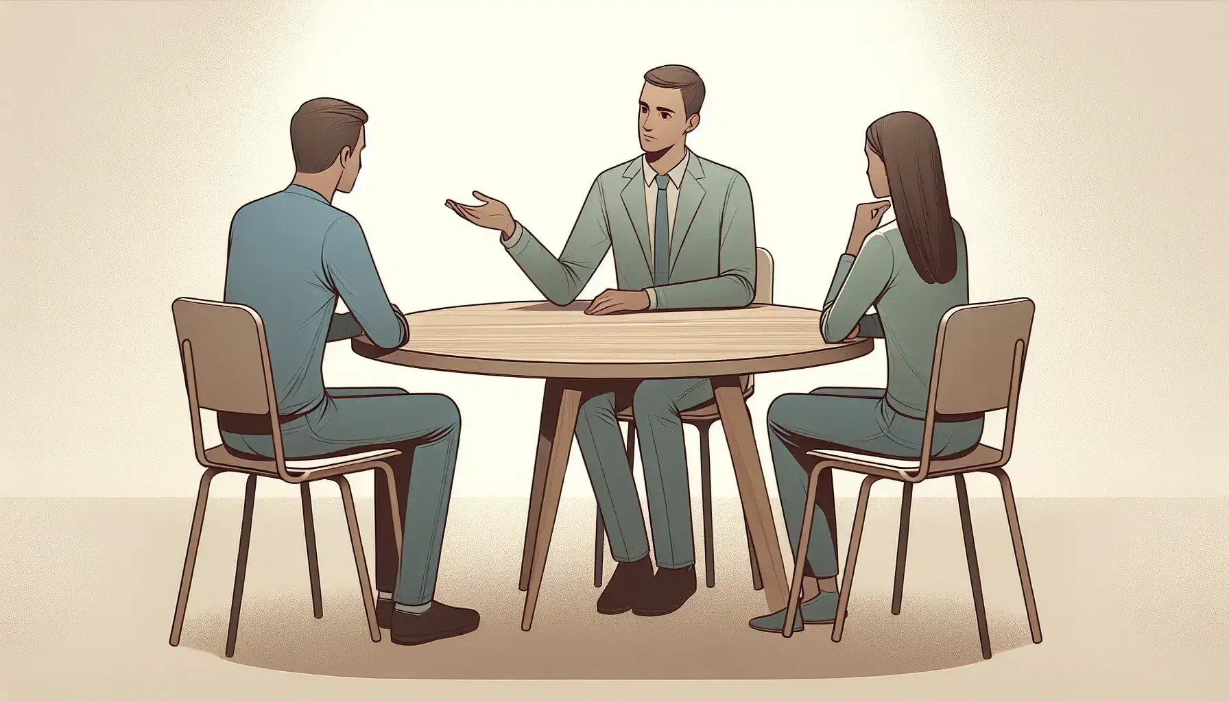 Tres personas conversan alrededor de una mesa redonda, una gestica mientras explica algo, otra escucha atentamente y la tercera observa, en un ambiente de diálogo constructivo.