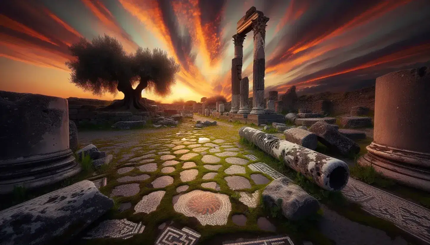 Colonna corinzia erosa in rovine romane al tramonto, con cielo arancione, albero d'olivo e frammenti di mosaico.