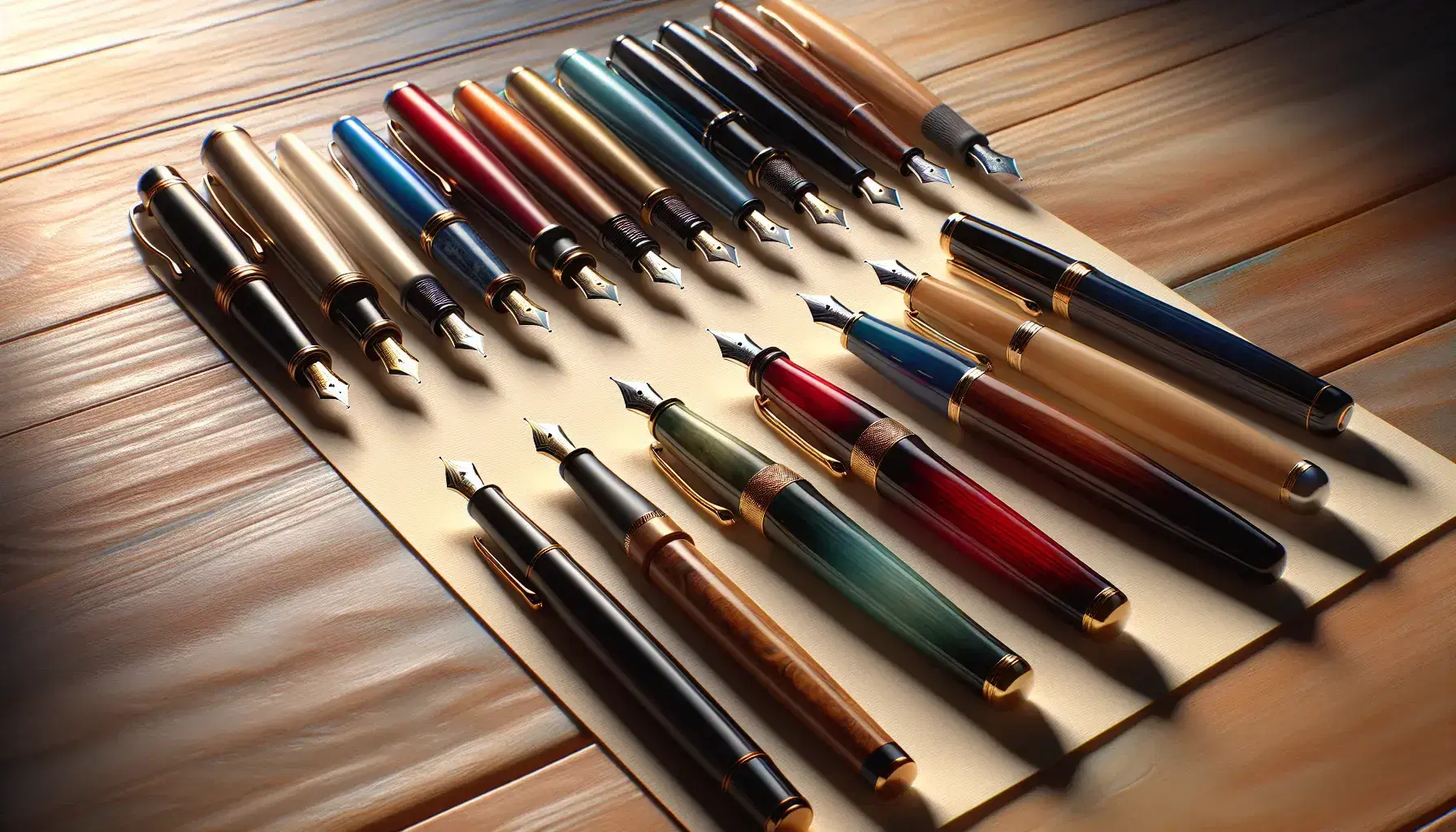 Colección de plumas fuente de colores variados sobre fondo de madera clara con hoja de papel en blanco lista para escribir.