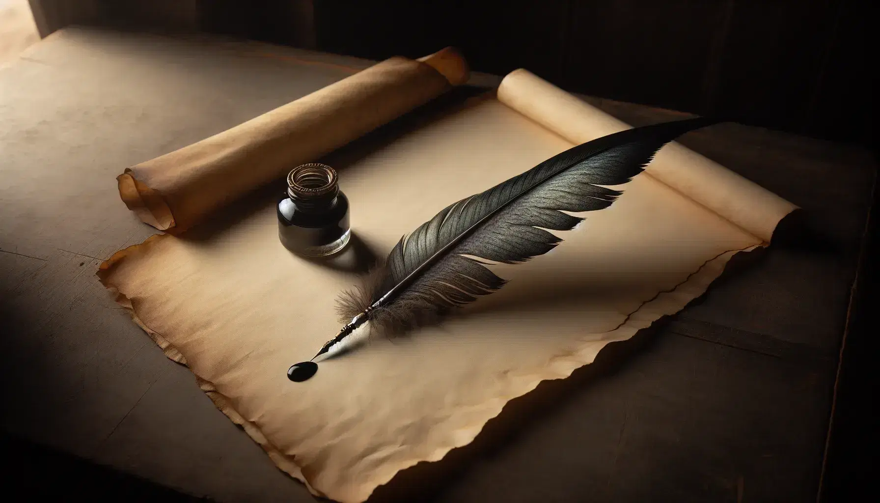 Quill pen with iridescent sheen on blank parchment paper beside a glass inkwell with golden rim, on a dark wooden table in a dimly lit room.