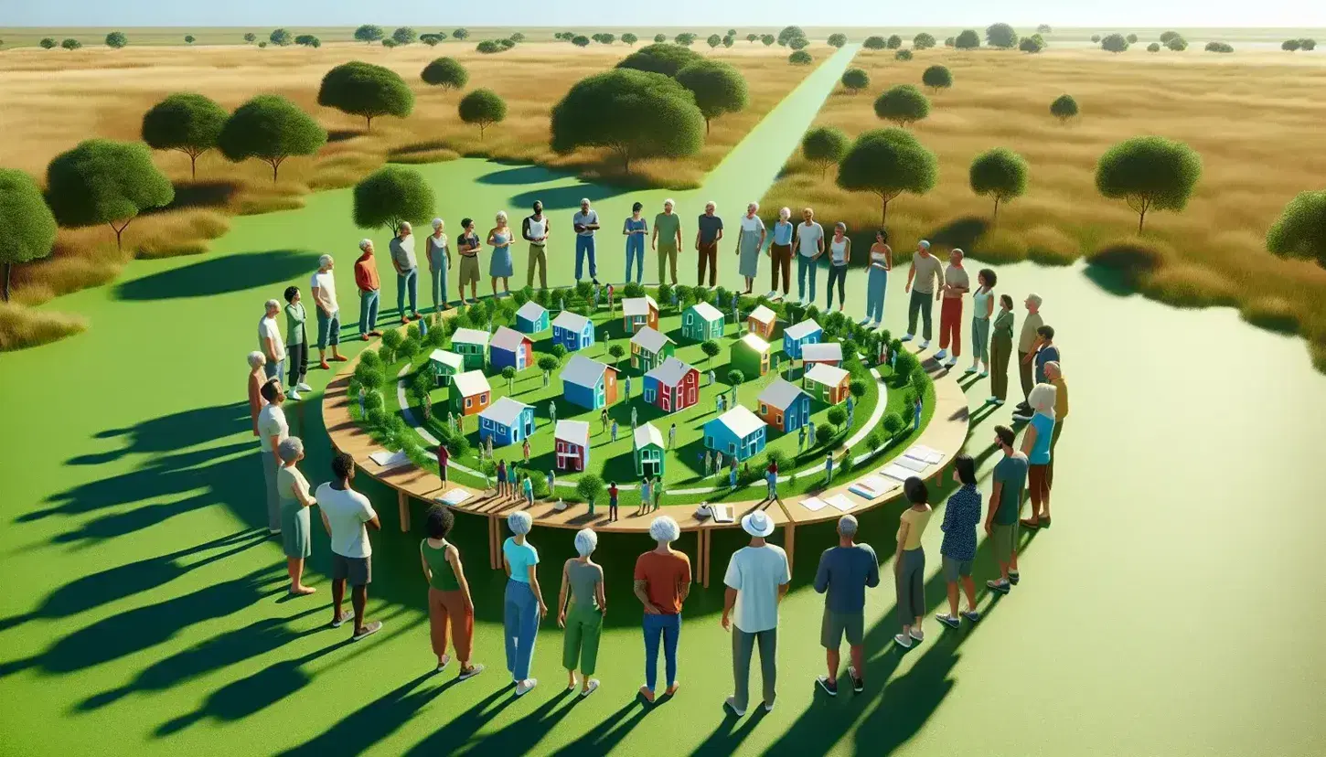 Grupo diverso de adultos discutiendo sobre maqueta de comunidad con casas coloridas y árboles en parque soleado.