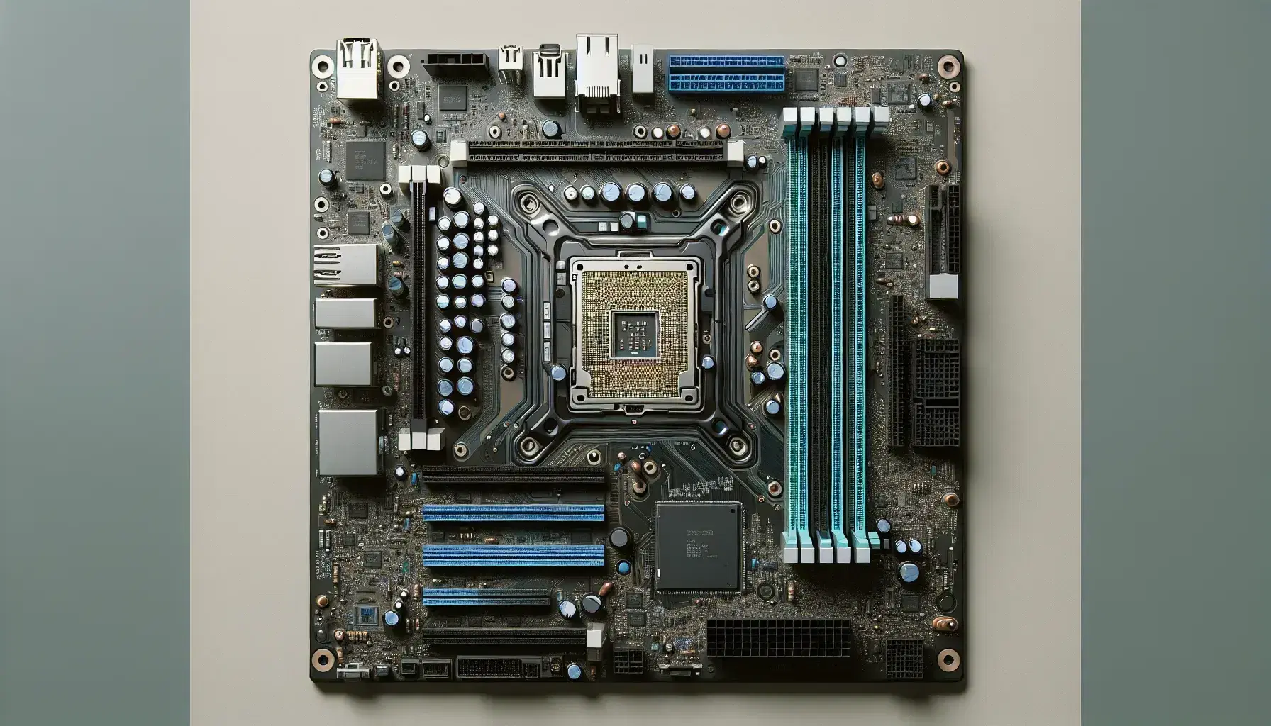 Scheda madre computer con slot RAM, socket CPU, connettori per storage, porte I/O e slot espansione su sfondo neutro.