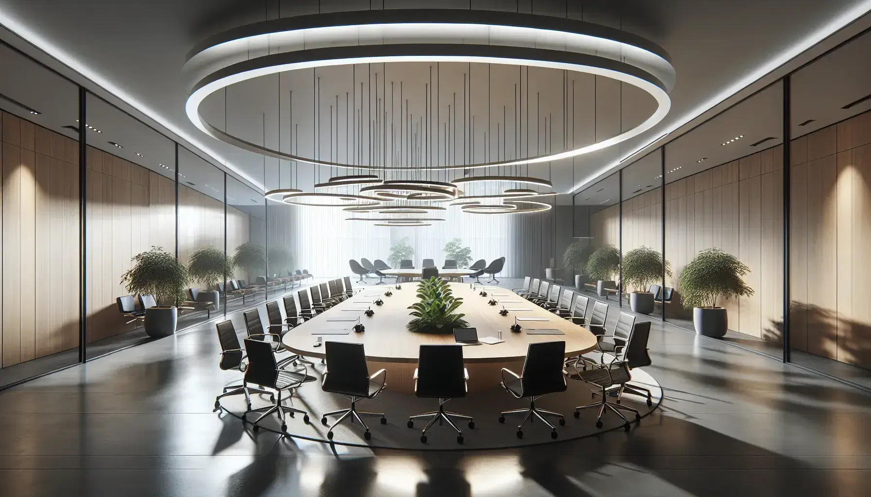 Modern corporate office with oval wooden conference table, black chairs, white pendant lights, glass partitions, potted plants, and large windows.