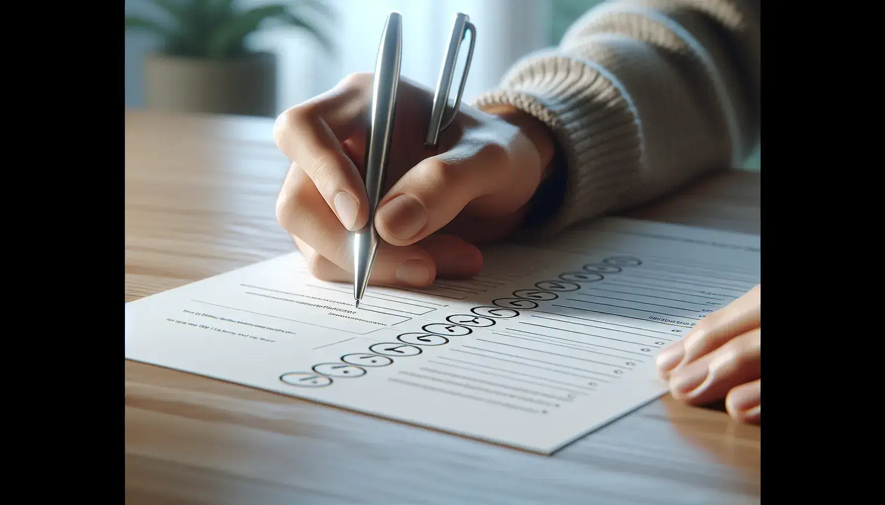 Hands holding a pen ready to fill out a questionnaire with checkboxes and Likert scales on a light wooden desk.