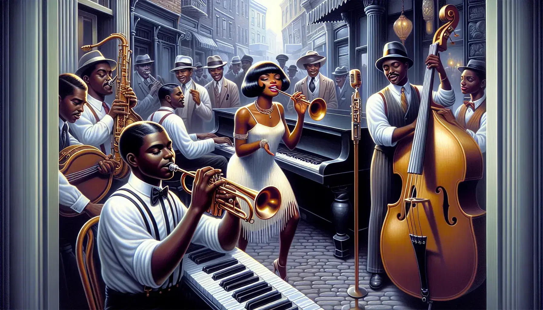 1920s-1930s Harlem street scene with African American jazz band, featuring a trumpet player, singer in flapper dress, pianist, and saxophonist.