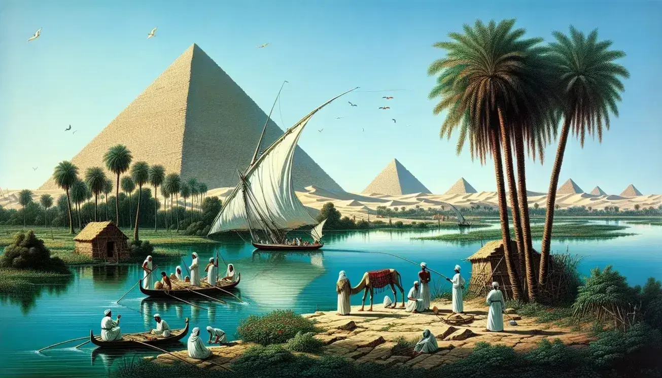 Vita quotidiana sulle rive del Nilo con piramidi di Giza sullo sfondo, egiziani in abiti bianchi pescano e coltivano, barca a vela naviga.