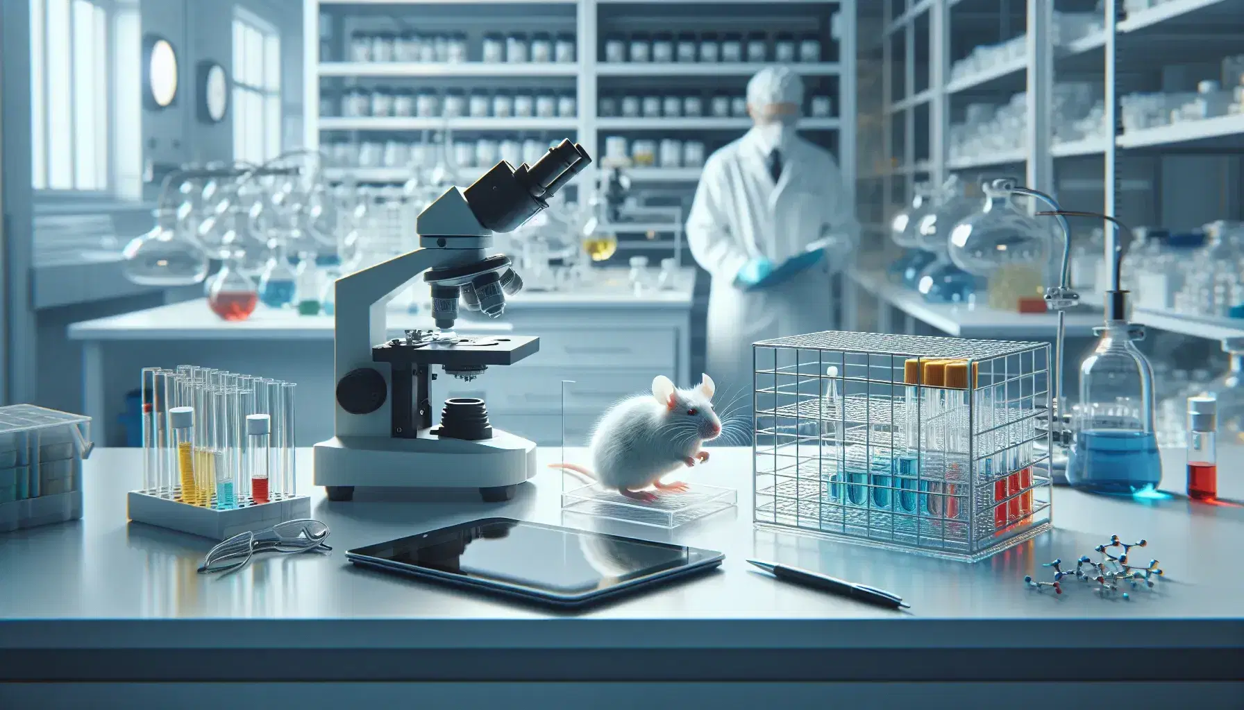 Laboratorio de investigación con ratón blanco en jaula transparente, microscopio y tubos de ensayo con líquidos de colores, y científico anotando datos.