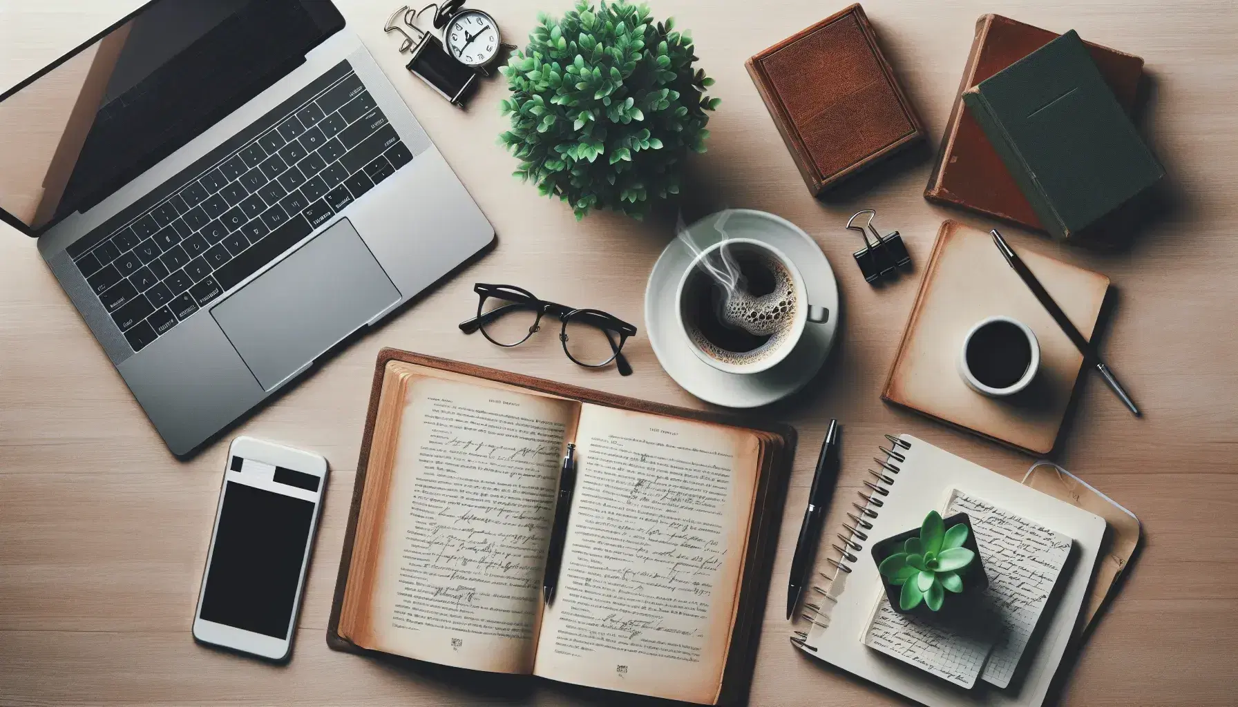 Messy desk from above with coffee cup, green plant, open book, laptop with glasses, notepad with pen, smartphone and clock.