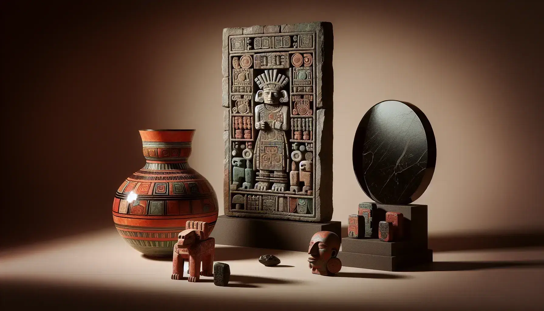 Collection of Mesoamerican artifacts with carved stele, red-orange ceramic vase, obsidian mirror and jade figurine on neutral background.