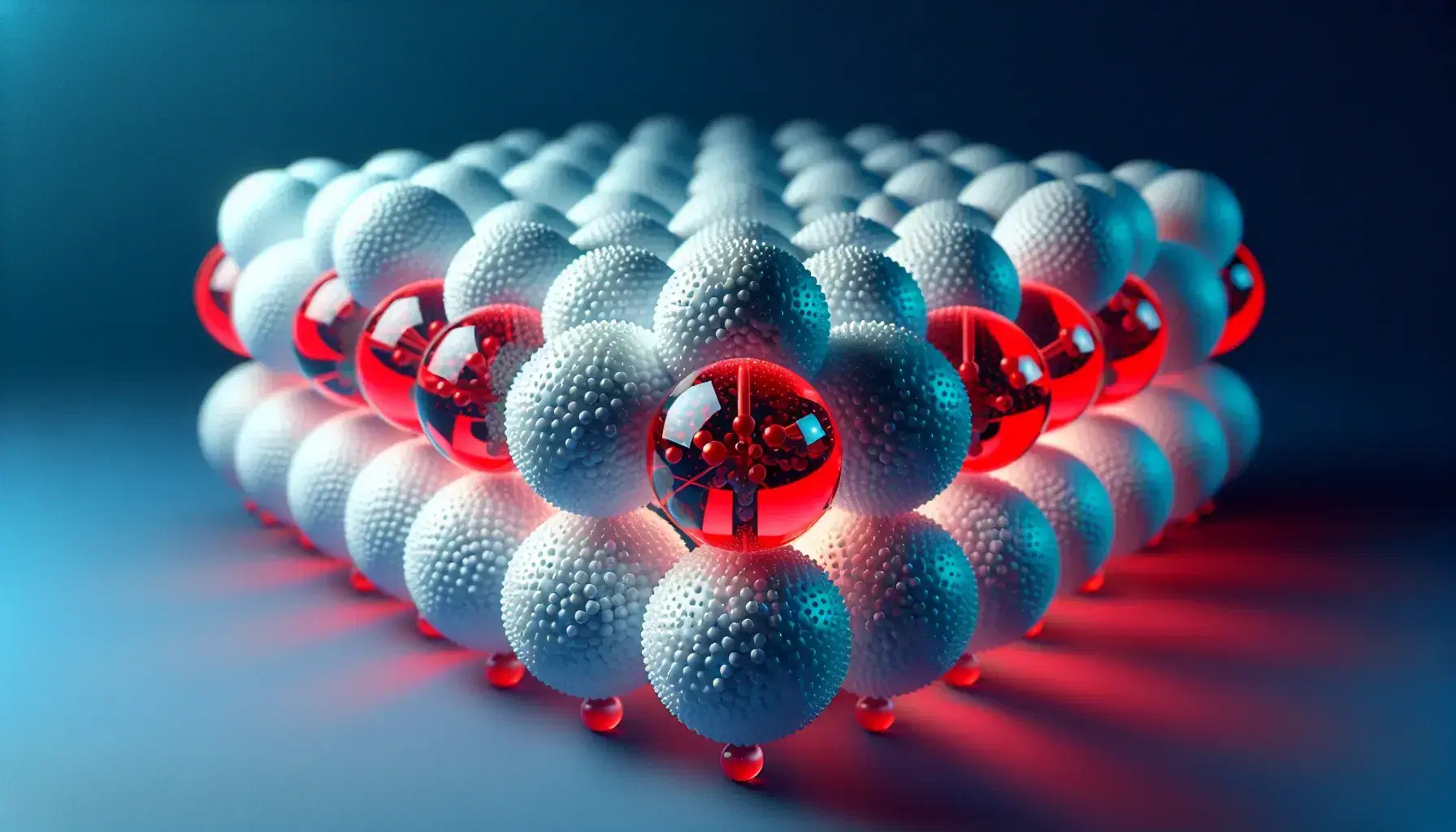 Estructura molecular del agua con esferas rojas representando oxígenos y blancas hidrógenos enlazados en ángulo, sobre fondo azul.