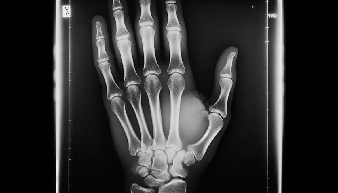 Radiografia in bianco e nero di una mano umana con segni di osteoartrite evidenti nelle articolazioni ingrandite e irregolari.