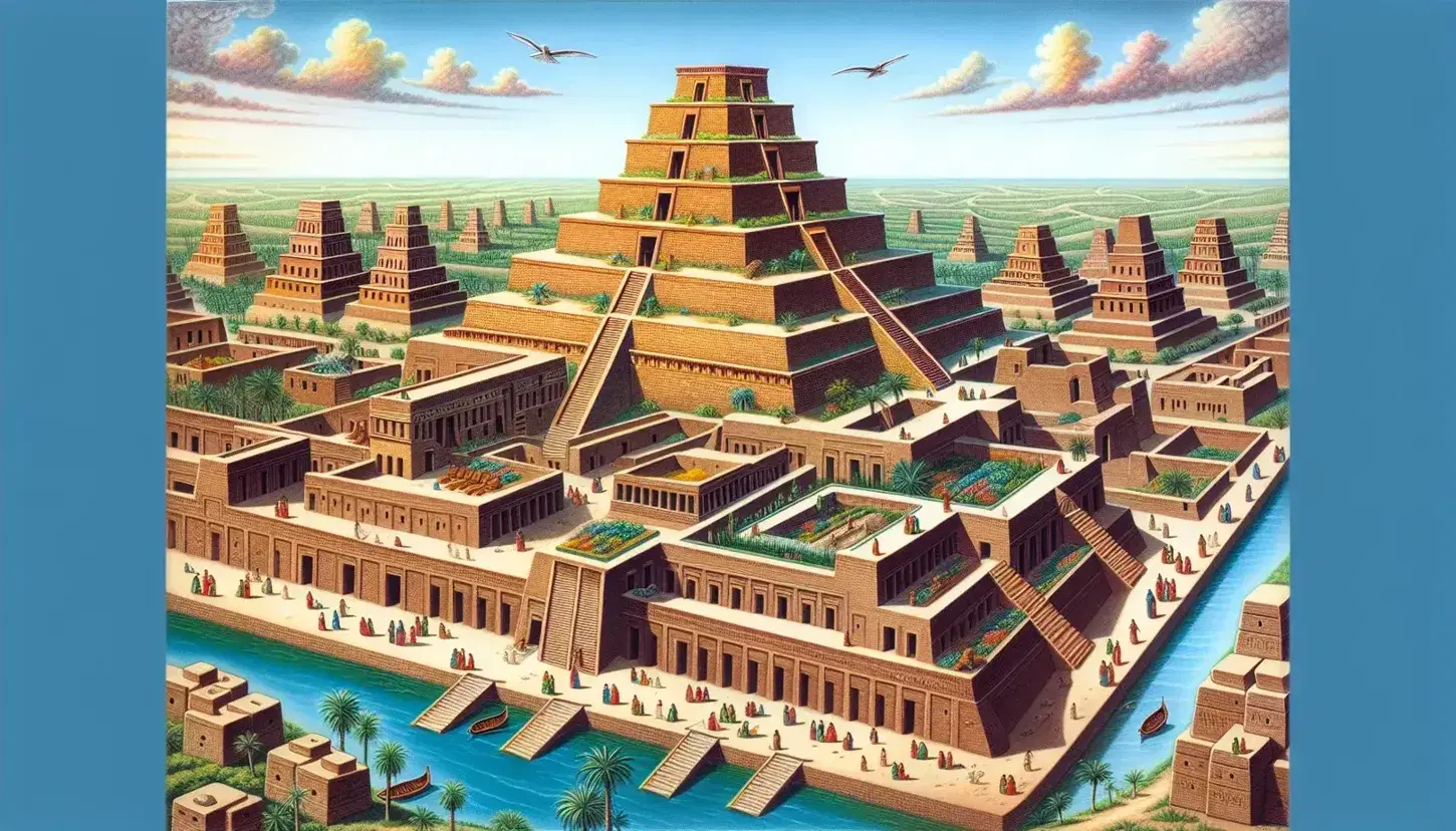 Antigua ciudad mesopotámica con ziggurat escalonado, edificios de ladrillo, jardines colgantes y río con barcos, bajo cielo azul.