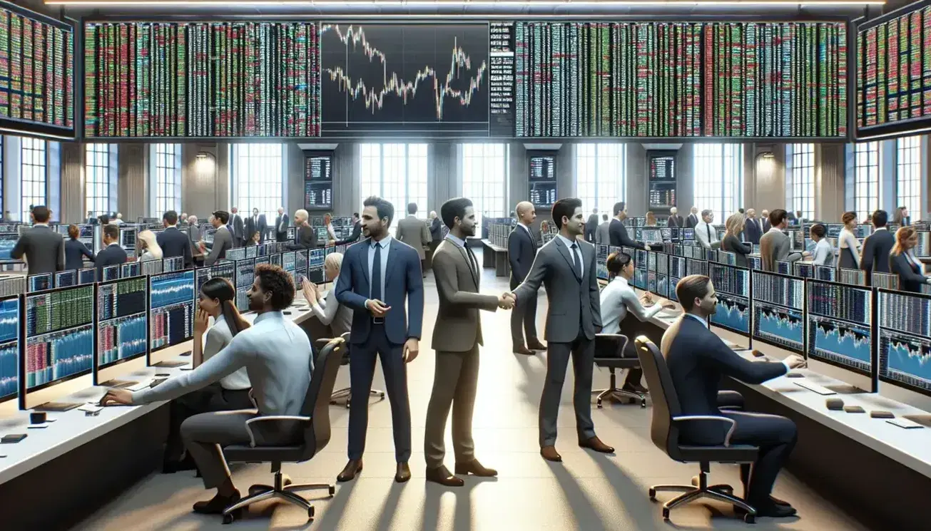 Diverse group of traders engaged in activity on a bustling stock exchange floor with screens displaying financial data.