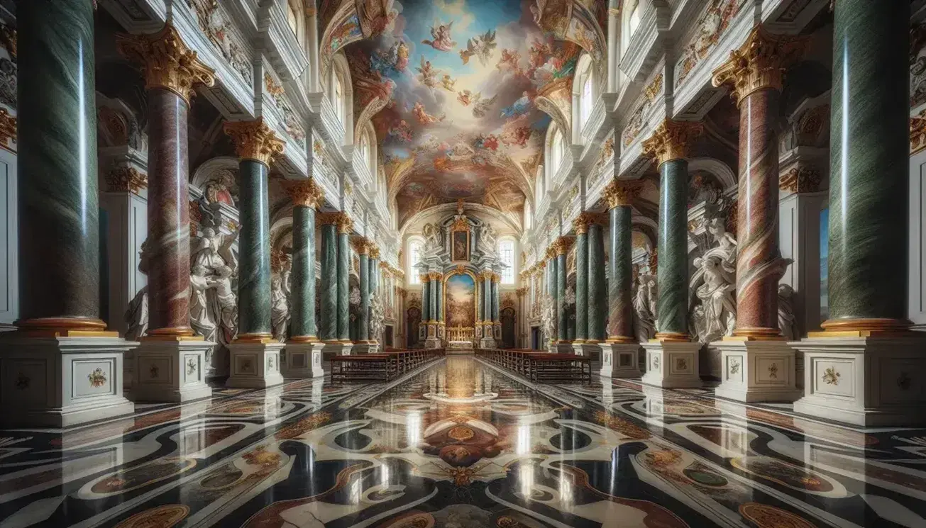 Interno di chiesa barocca con colonne corinzie, affreschi vivaci, pavimento in marmo lucido e altare principale ornato.