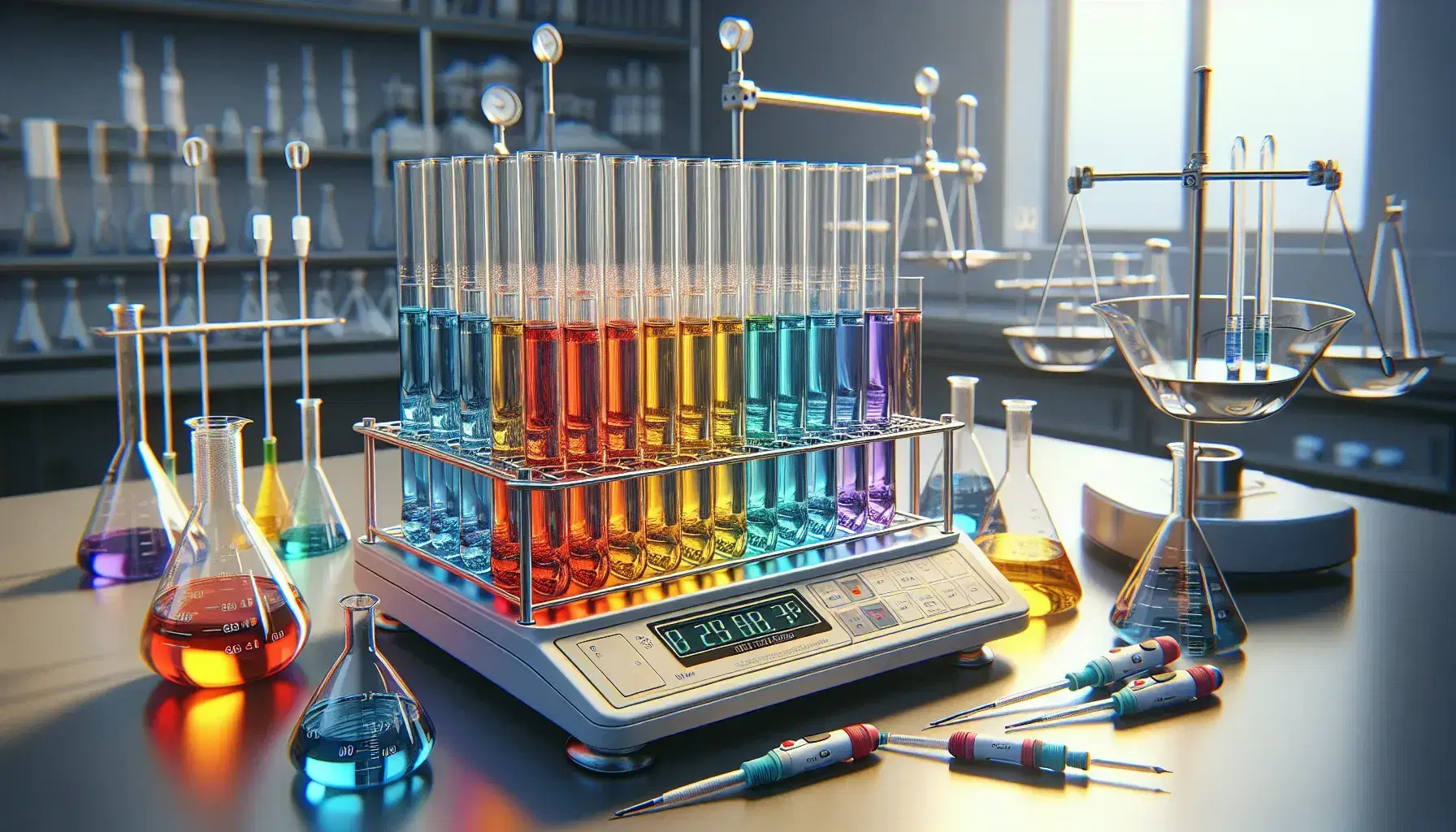 Provette trasparenti con liquidi colorati in fila su supporto metallico, bilancia analitica e pipette automatiche in laboratorio.