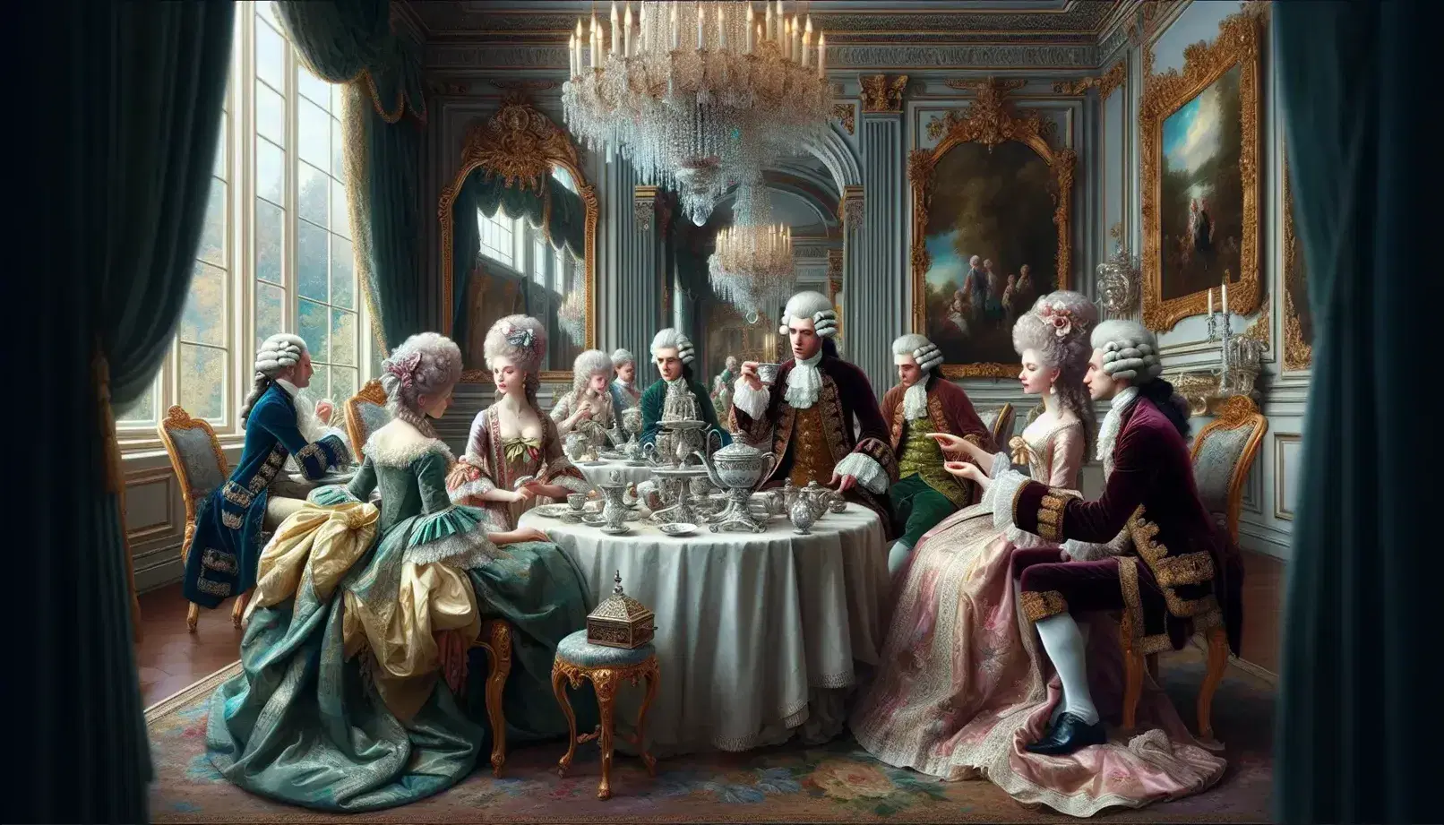 Elegant 18th-century salon scene with individuals in period attire, women in gowns with feathers and pearls, men in velvet coats, and a lavish tea set under a crystal chandelier.