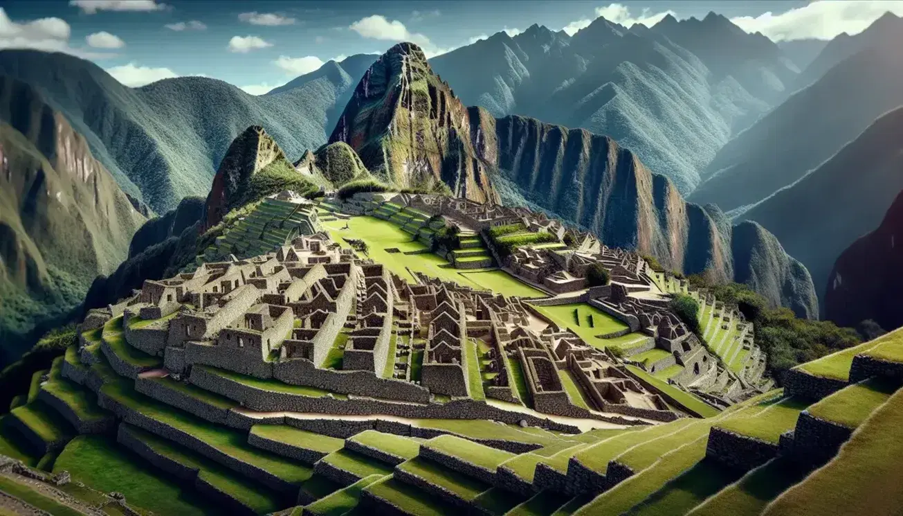 Panoramic view of Machu Picchu showcasing terraced hillsides, iconic stone structures, and the Andes Mountains under a clear blue sky.