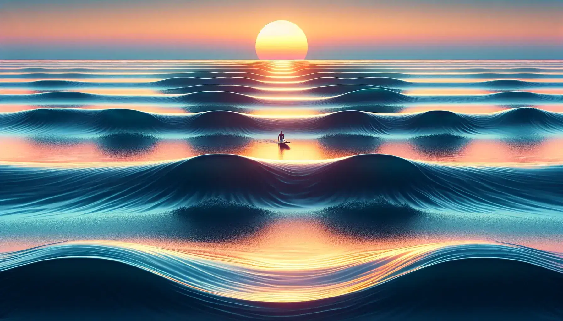 Sunset over calm ocean with varying wave amplitudes, colors transitioning from dark blue to orange-pink, and a silhouetted surfer on a surfboard.