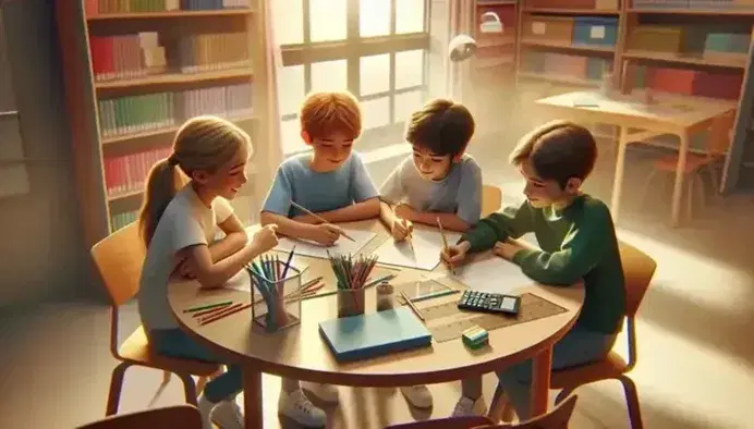 Niños colaborando en clase, uno señalando documento en mesa con lápices de colores, regla y calculadora, luz natural iluminando.