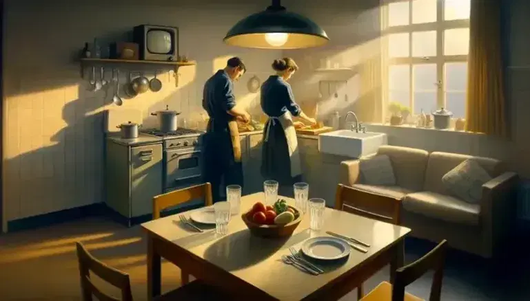 Coppia in cucina domestica prepara cena, uomo lava verdure e donna taglia pane, tavola apparecchiata con pentola fumante, atmosfera serena.