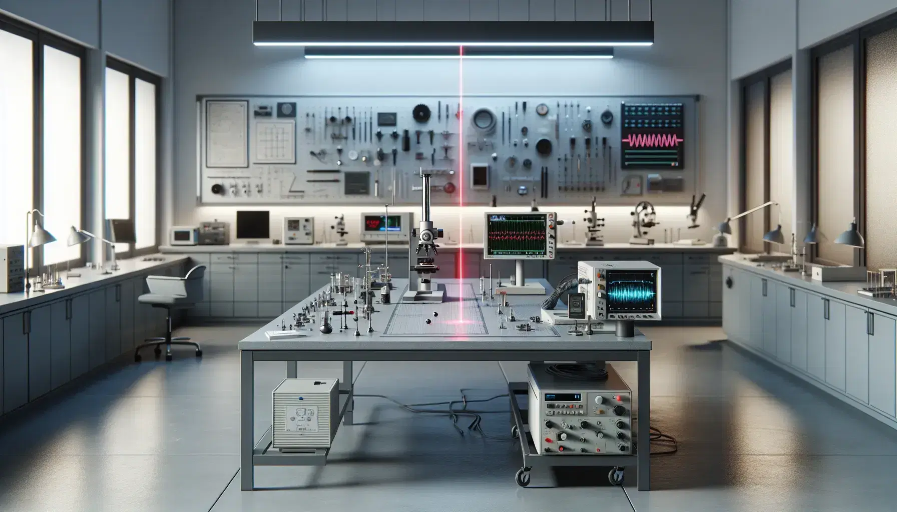 Laboratorio de física moderno con mesa de trabajo y equipo para medir la velocidad de la luz, incluyendo un láser rojo, espejo y osciloscopio.