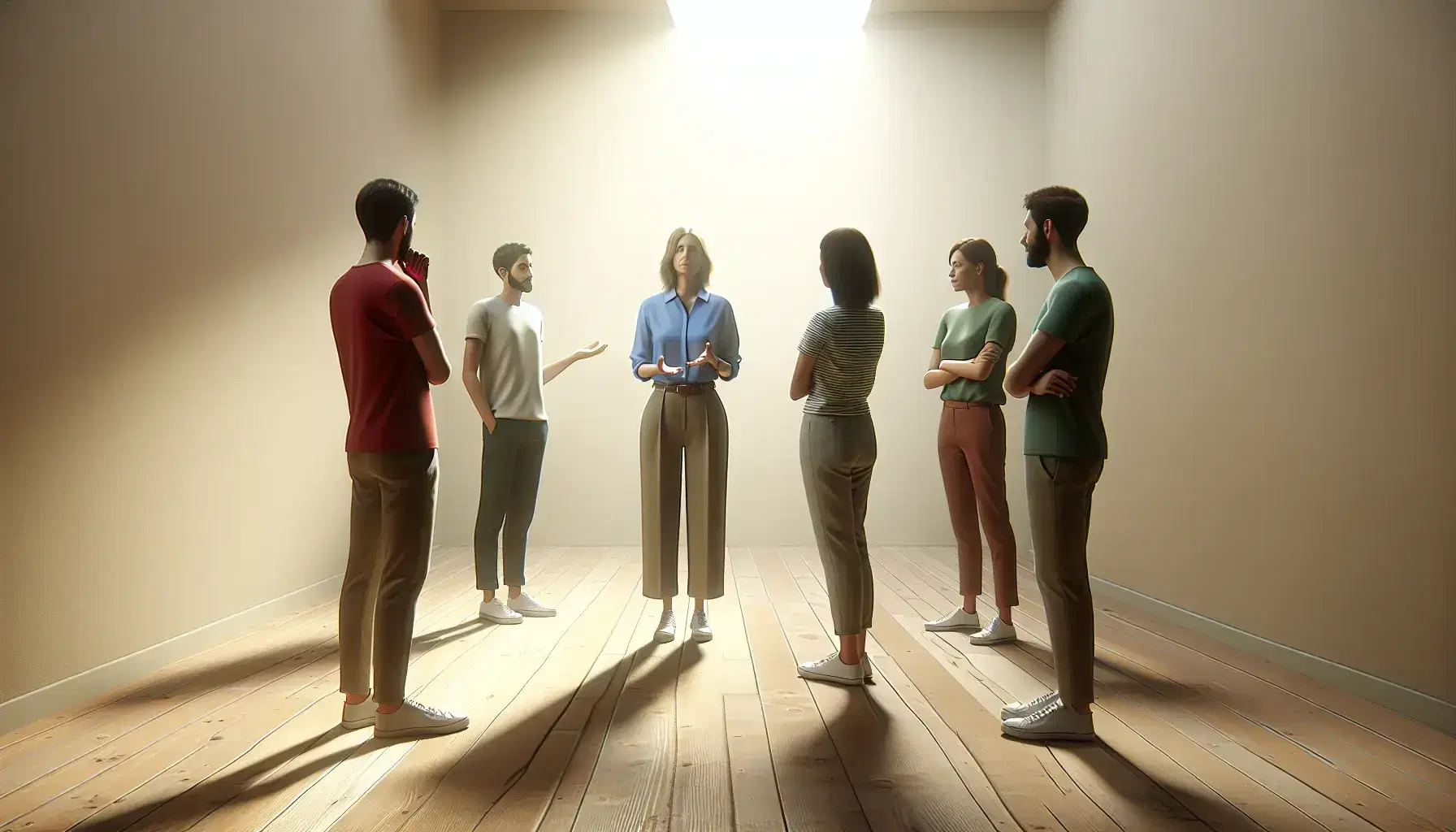Grupo de cinco personas en semicírculo atendiendo a una expositora en una sala iluminada, reflejando interés y participación activa.