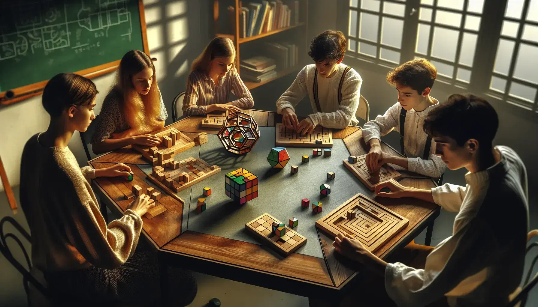 Estudiantes resolviendo rompecabezas y juegos de lógica alrededor de una mesa hexagonal bajo luz natural, reflejando concentración y aprendizaje activo.