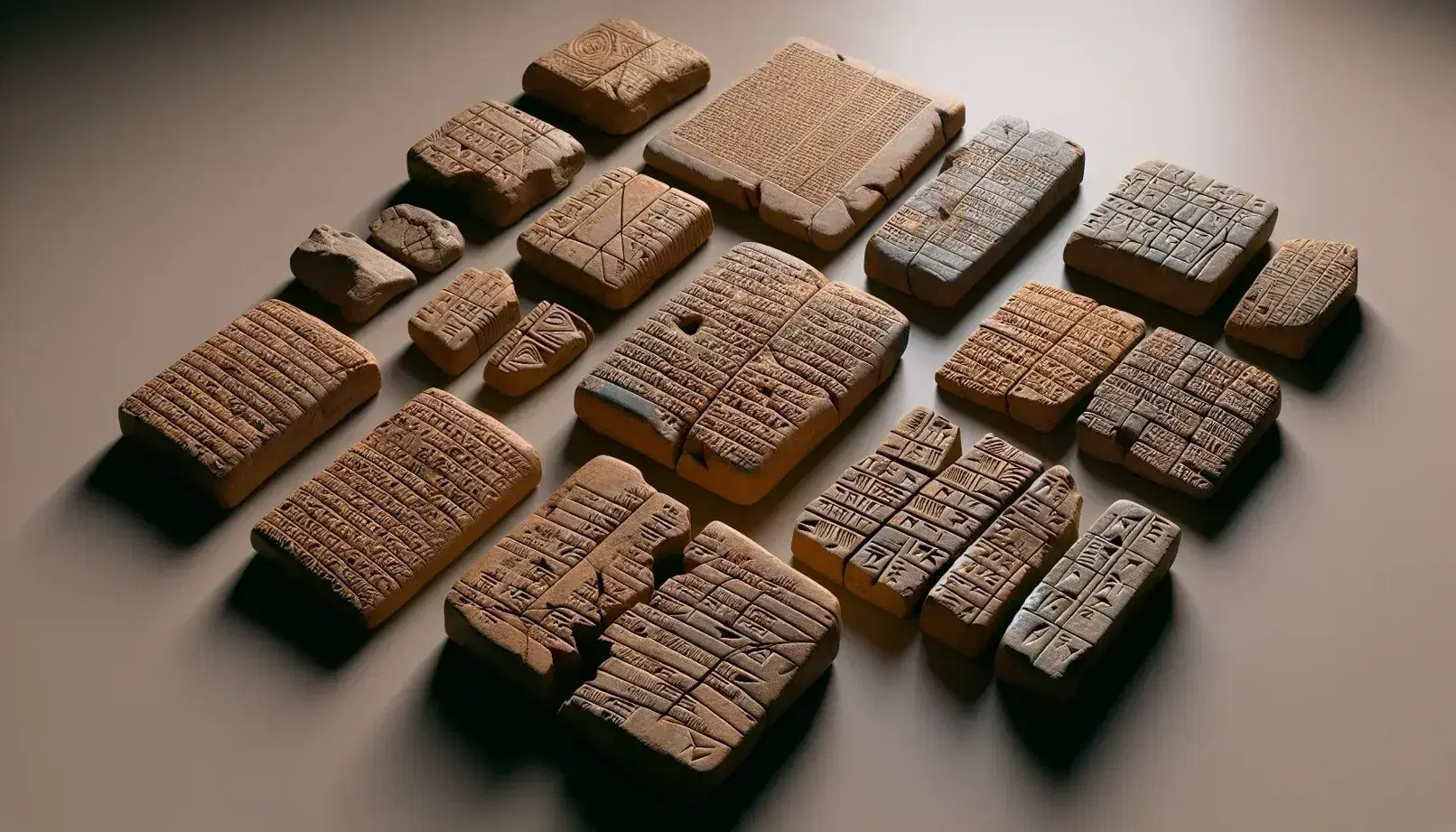 Tabletas de arcilla antiguas con marcas cuneiformes dispuestas sobre una superficie plana, mostrando texturas y tonalidades que reflejan su antigüedad y uso histórico.