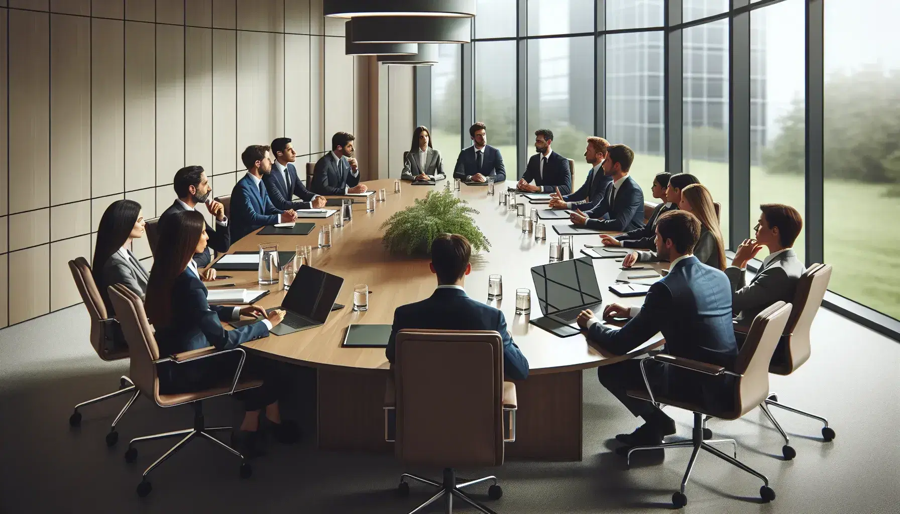 Diverse group of professionals in a meeting at a large wooden table in a modern office, with laptops and water glasses, engaging in discussion.