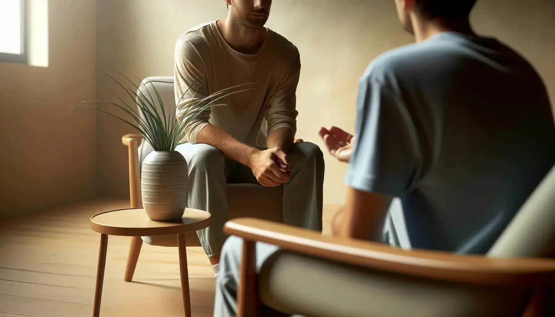 Dos personas conversando en un ambiente tranquilo con una mesa redonda y una planta entre ellas, iluminación suave y cálida que crea un espacio acogedor.