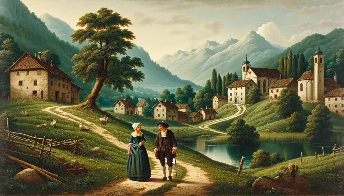 Giovane coppia del XVII secolo cammina su sentiero tra colline verdi, con villaggio e chiesa sullo sfondo, lago e montagne lombarde.