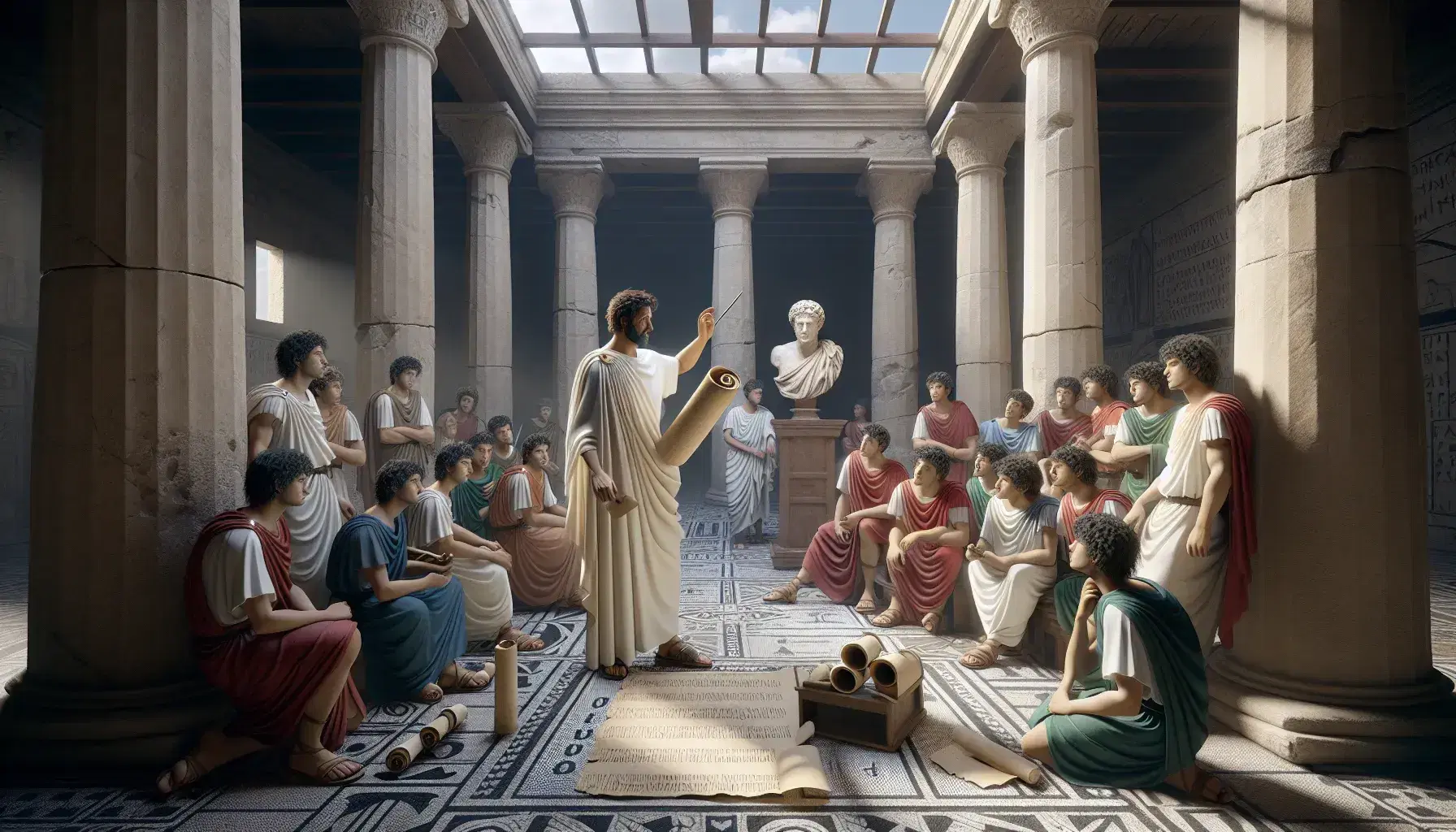 Aula romana antica con maestro in toga e studenti attenti, pilastri in pietra, mosaico geometrico e busto marmoreo.
