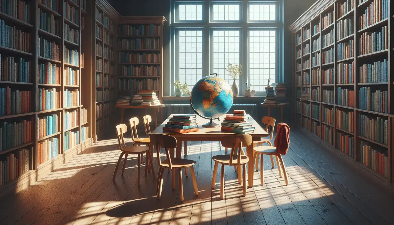 Biblioteca escolar iluminada con estantes de madera oscura llenos de libros, mesa con libros y un globo terráqueo, ventana grande al fondo.