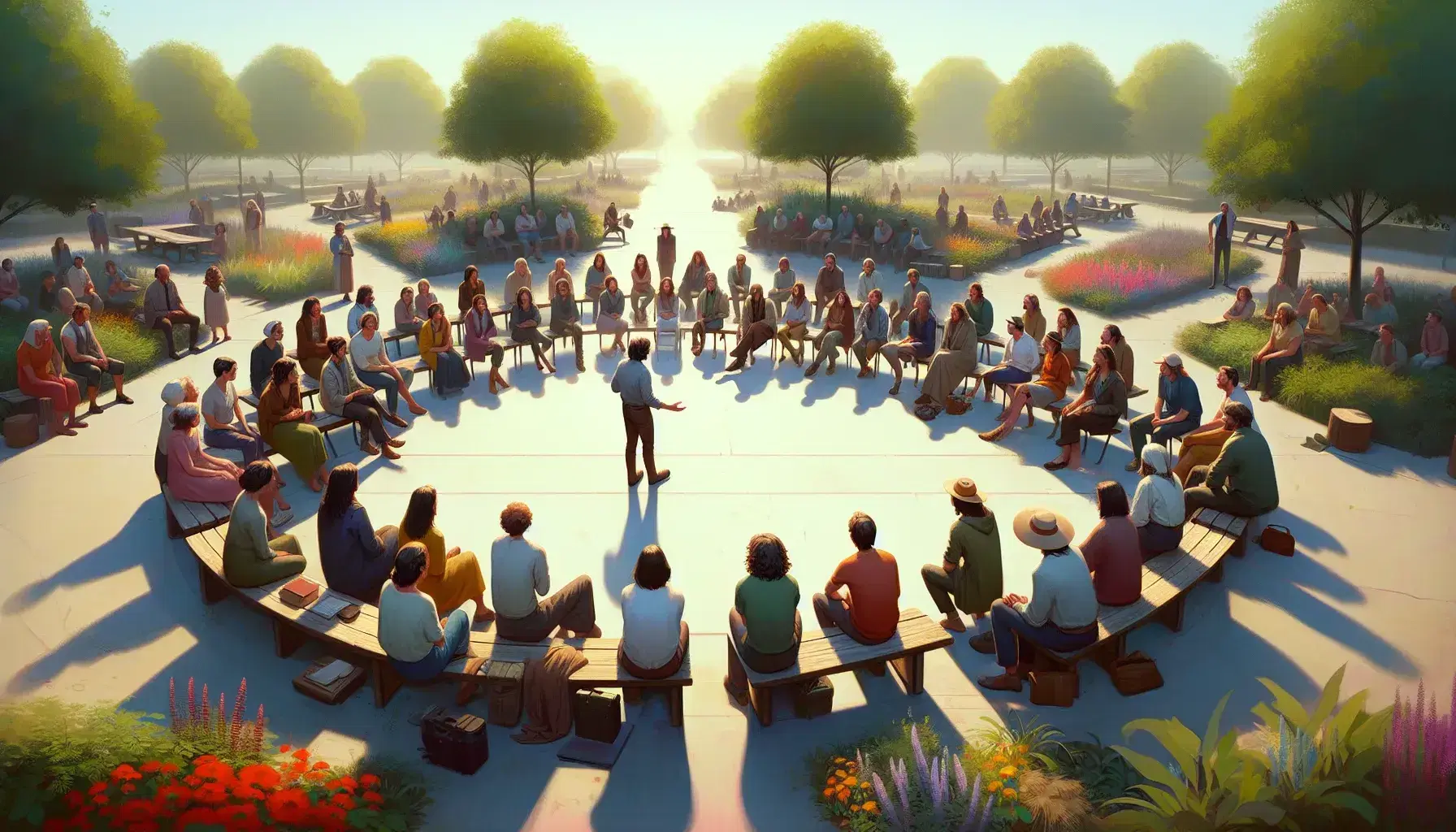 Grupo de personas de diversas edades sentadas en semicírculo al aire libre, escuchando a un orador en un parque con árboles y bancos, bajo un cielo despejado.