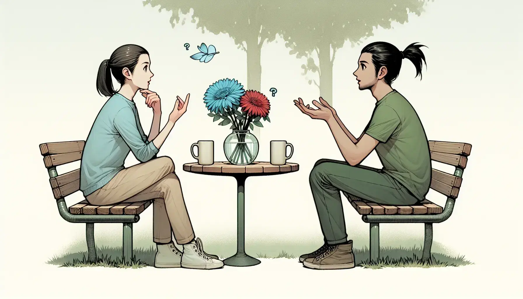 Dos personas conversando en un banco de parque con una mesa redonda y tazas de café, rodeados de árboles y un camino de grava, en una tarde soleada.