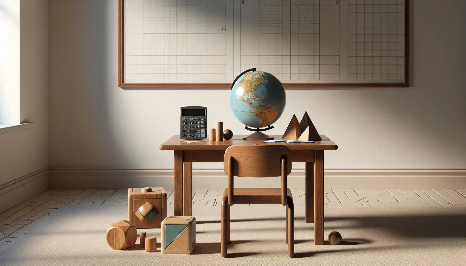 Aula con mesa de madera y objetos educativos como un globo terráqueo y bloques geométricos, junto a una silla con cojín azul y pizarra blanca al fondo.