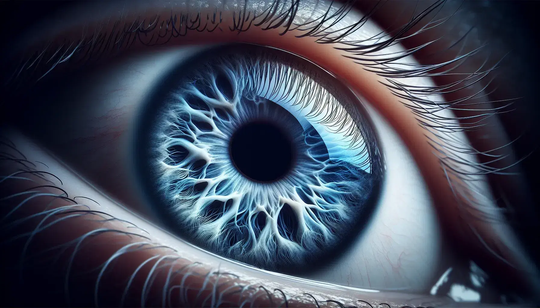 Primer plano de ojo humano con iris azul intenso, pupila dilatada y reflejos luminosos, rodeado de esclerótica blanca y finas venas, con pestañas definidas.