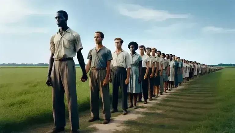 Multi-ethnic group of people holding hands in a grassy field under a blue sky, dressed in 60s style, expressing determination.