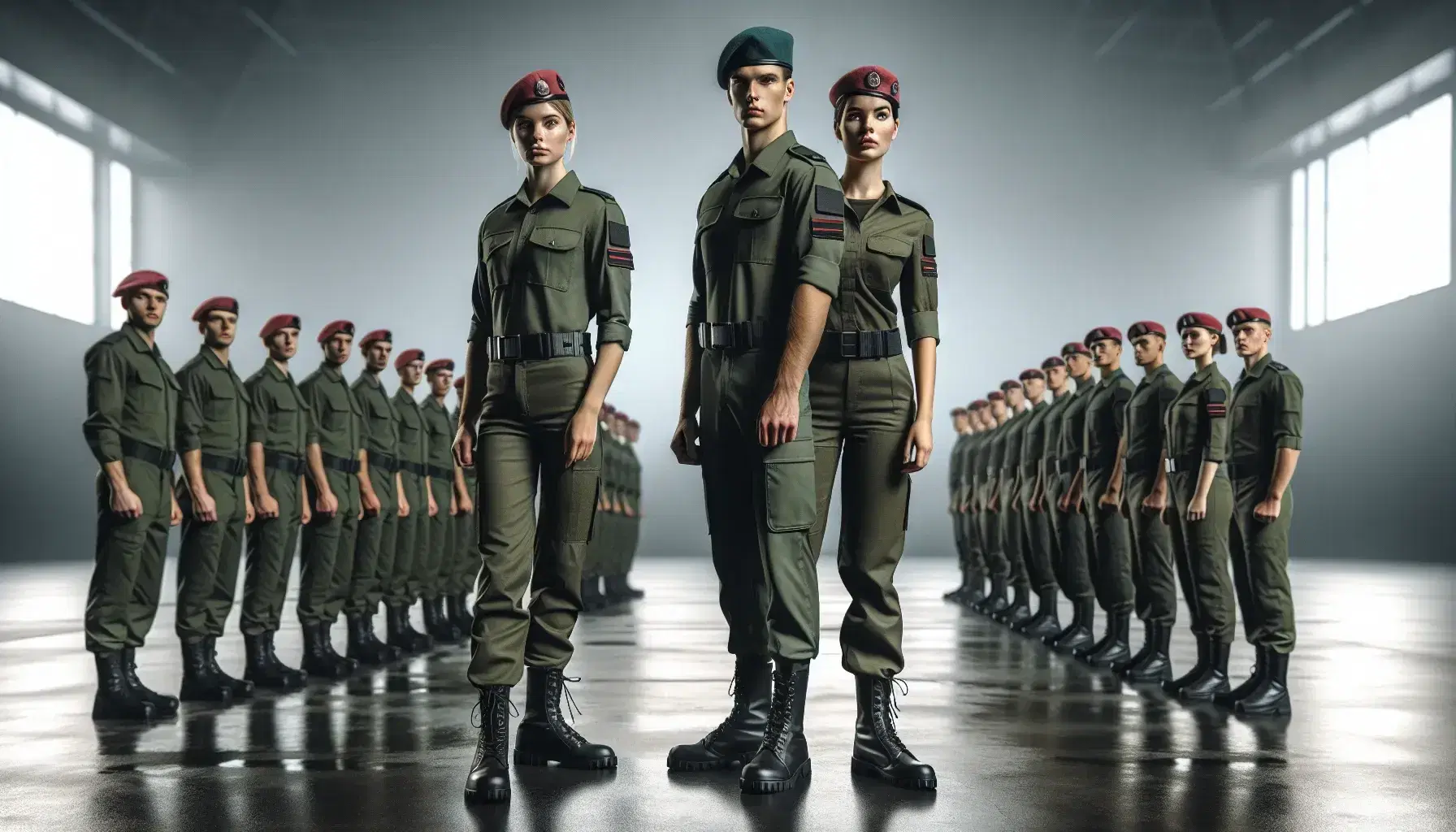 Grupo de soldados uniformados con boinas rojas y uniforme verde oliva en formación, reflejando igualdad de género y disciplina militar.