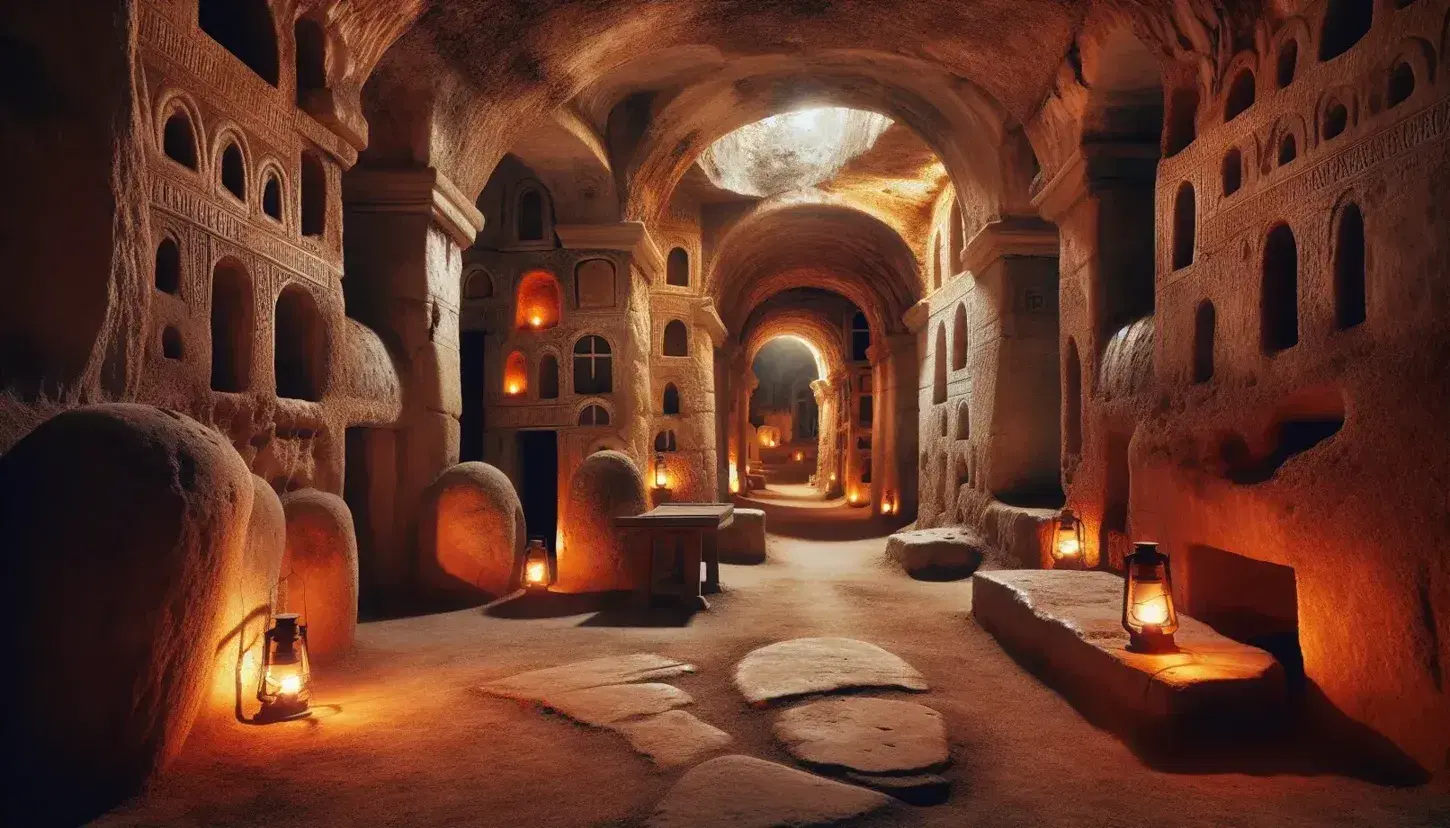 Interior de catacumba cristiana primitiva con pasillo estrecho, arcos semicirculares, lámparas de aceite, tumbas en las paredes y altar con cáliz antiguo.