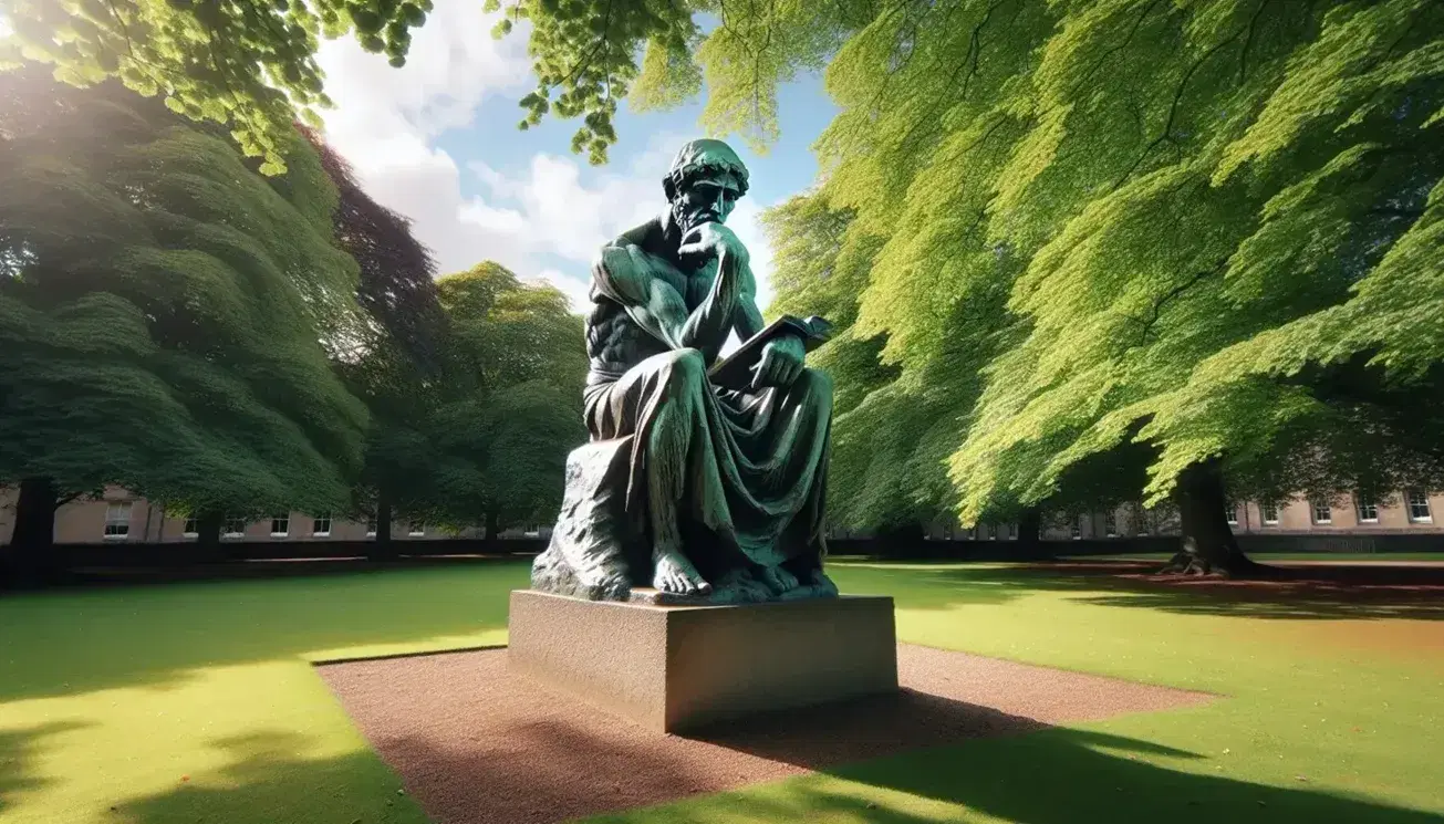 Statua in bronzo di filosofo pensieroso seduto con libro su piedistallo in parco, circondata da alberi e bagnata da luce solare.