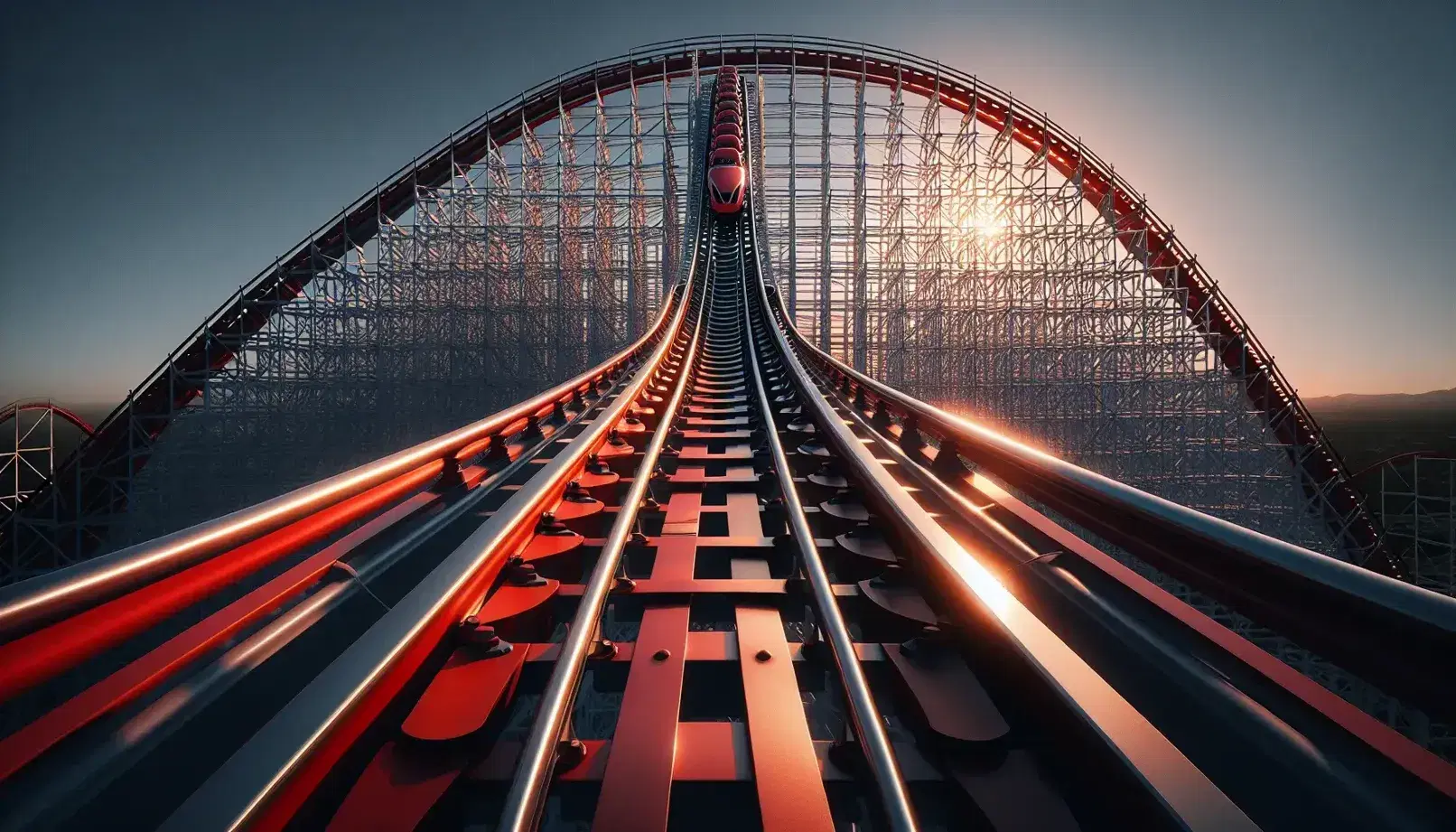 Roller coaster track at the summit of a hill with a blue car poised for descent, red rails gleaming in the sun against a clear blue sky.