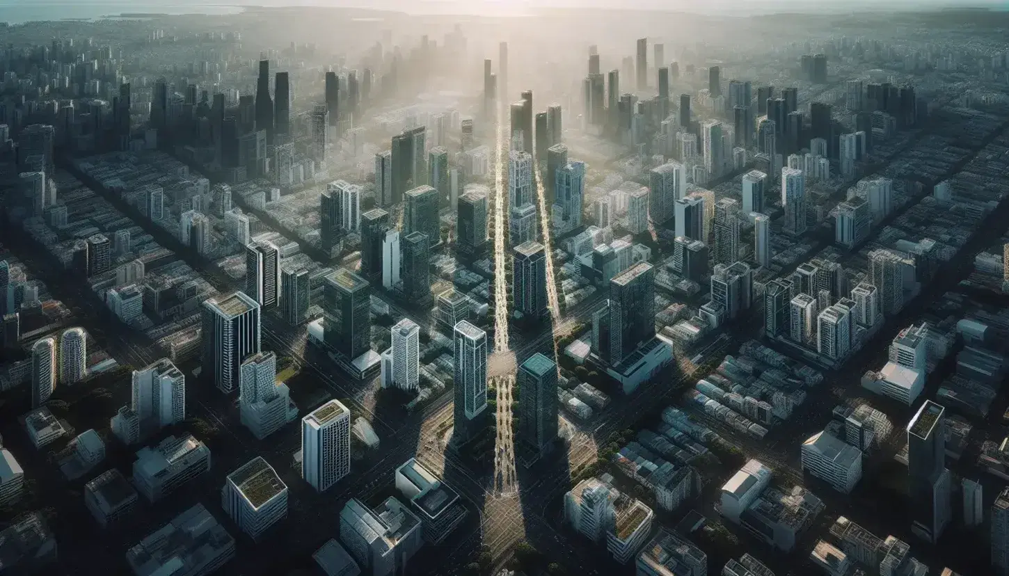 Vista aérea de paisaje urbano con rascacielos reflejando el sol, calles en cuadrícula, vehículos diminutos, espacios verdes y cielo azul despejado.