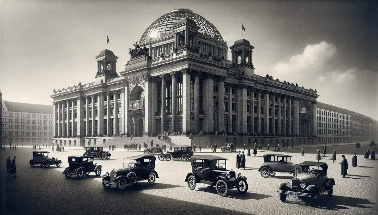 1920s Berlin neoclassical building with central dome and columns, clear skies above, vintage cars parked in square, pedestrians strolling.