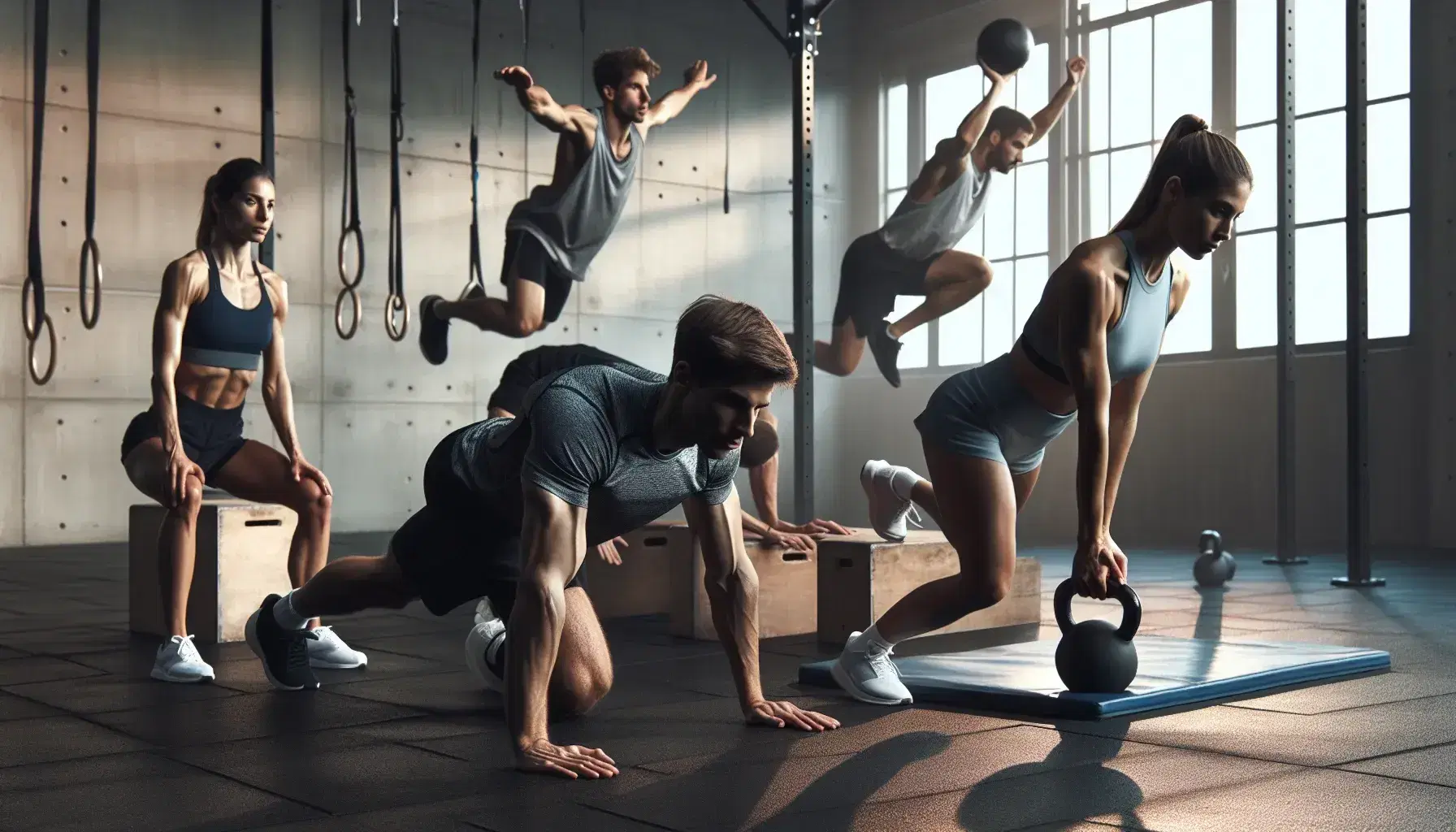 Grupo de cinco atletas realizando entrenamiento en circuito con ejercicios variados en un gimnasio, incluyendo flexiones, sentadillas con pesa, saltos en caja, lanzamiento de balón medicinal y carrera con banda elástica.